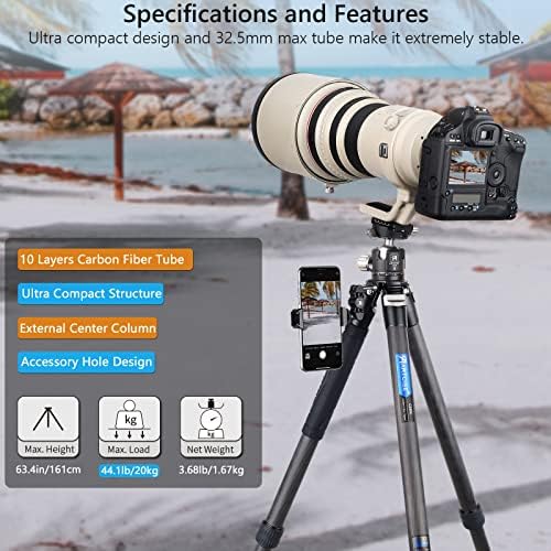 32.5 mm Lightweight Compact Carbon Fiber Tripod with Stone Bag 10-Layer Carbon Heavy Duty Travel Camera Stand Detachable Monopod for Canon Sony Nikon DSLR SLR Digital Camcorder Max Load 25kg